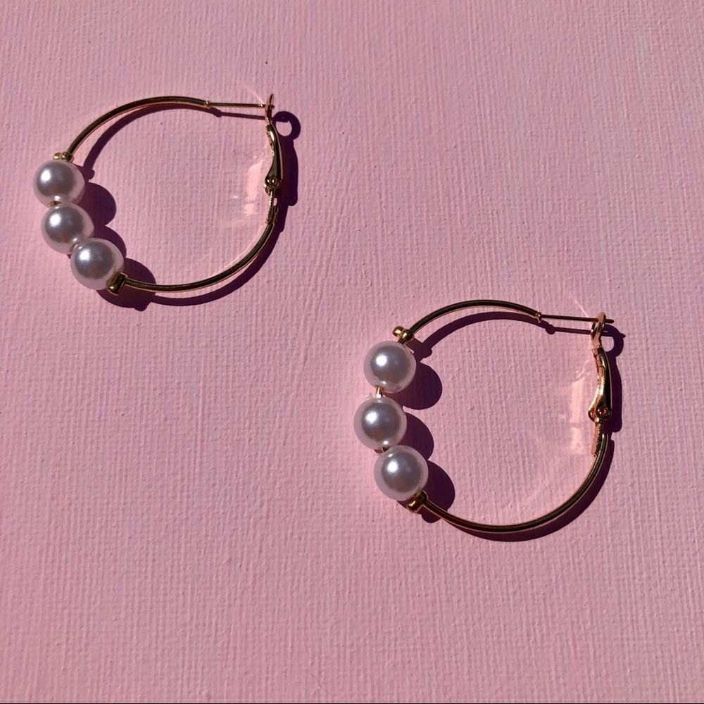 Navy mini gold pearl hoop earrings